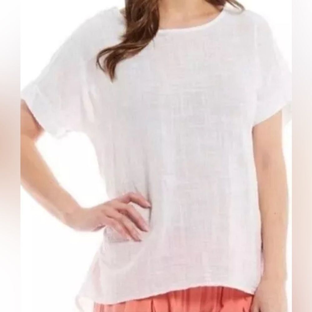 Terzo Millennio Italy 100% Linen White Back Buttons Hi-Low Top Blouse Size Large